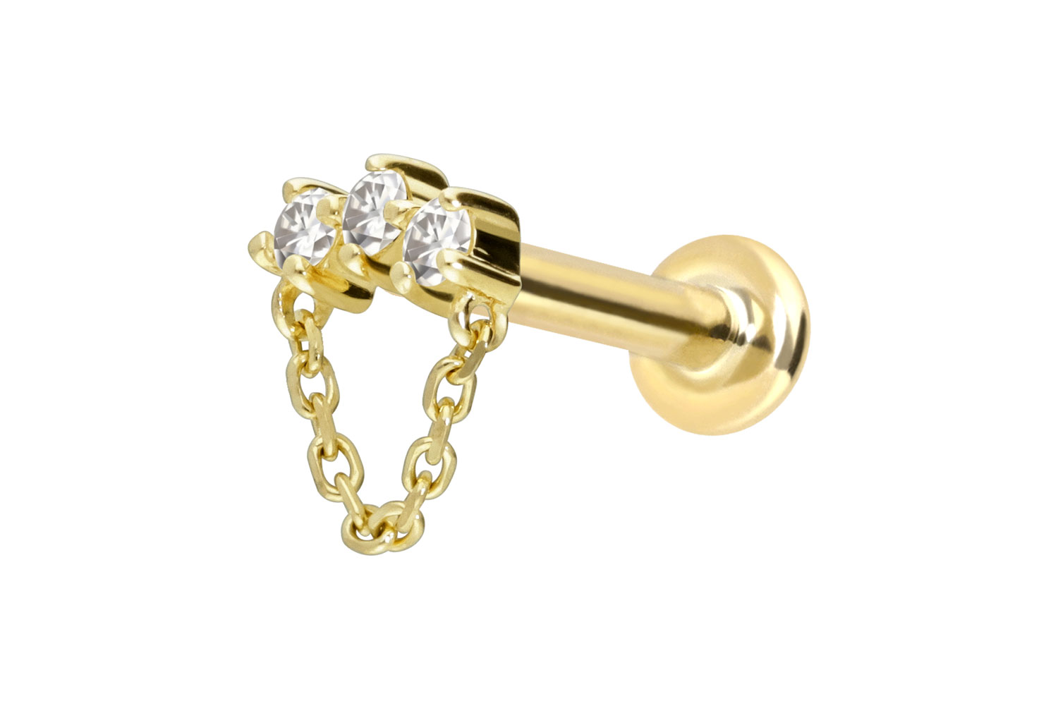 14 Karat Gold Labret Piercing mit Push Fit MOISSANIT-BOGEN + KETTE
